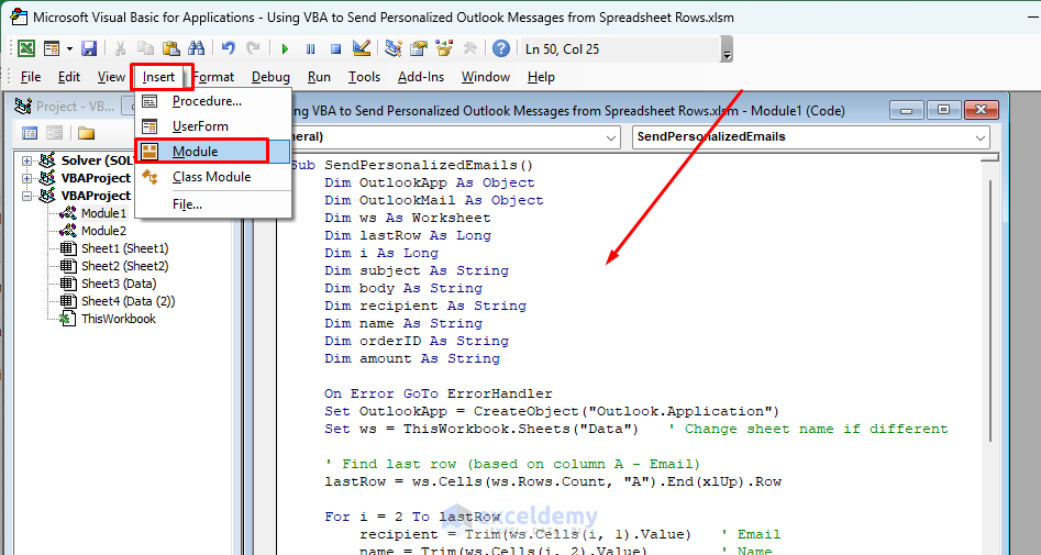 3. Using VBA to Send Personalized Outlook Messages from Spreadsheet Rows