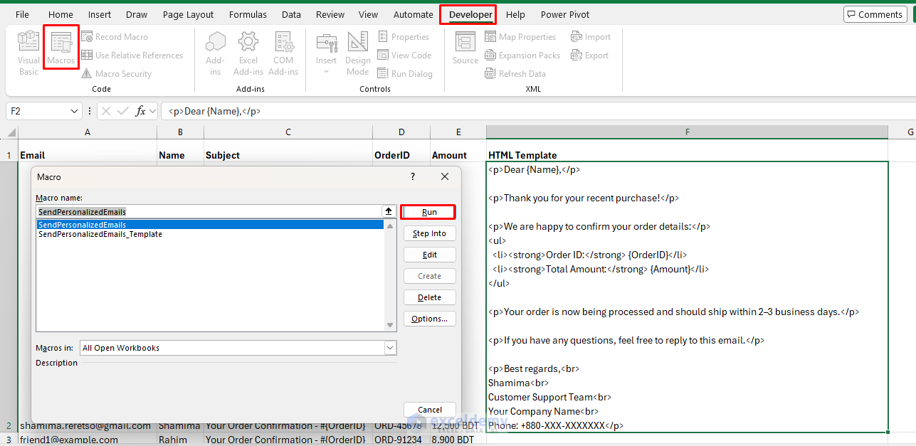 8. Using VBA to Send Personalized Outlook Messages from Spreadsheet Rows