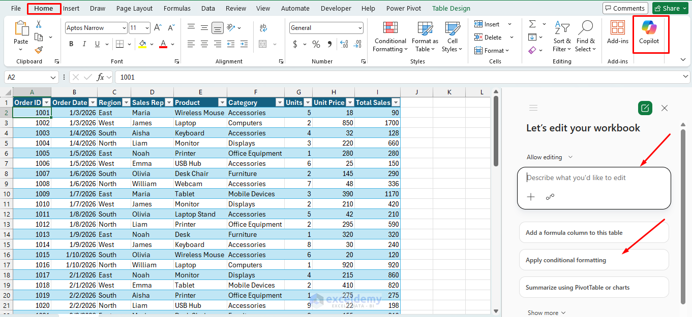 2. How to Create and Summarize Pivot Tables in Excel Using Copilot