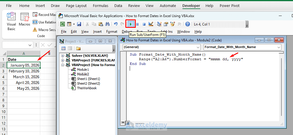 4. How to Format Dates in Excel Using VBA